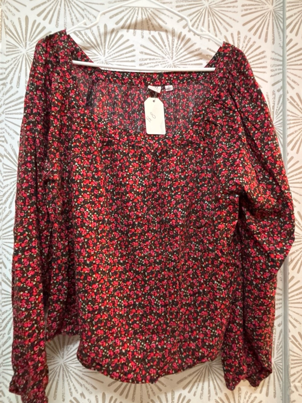 GAP Red and Black Floral Square-Neck Long Sleeve Blouse